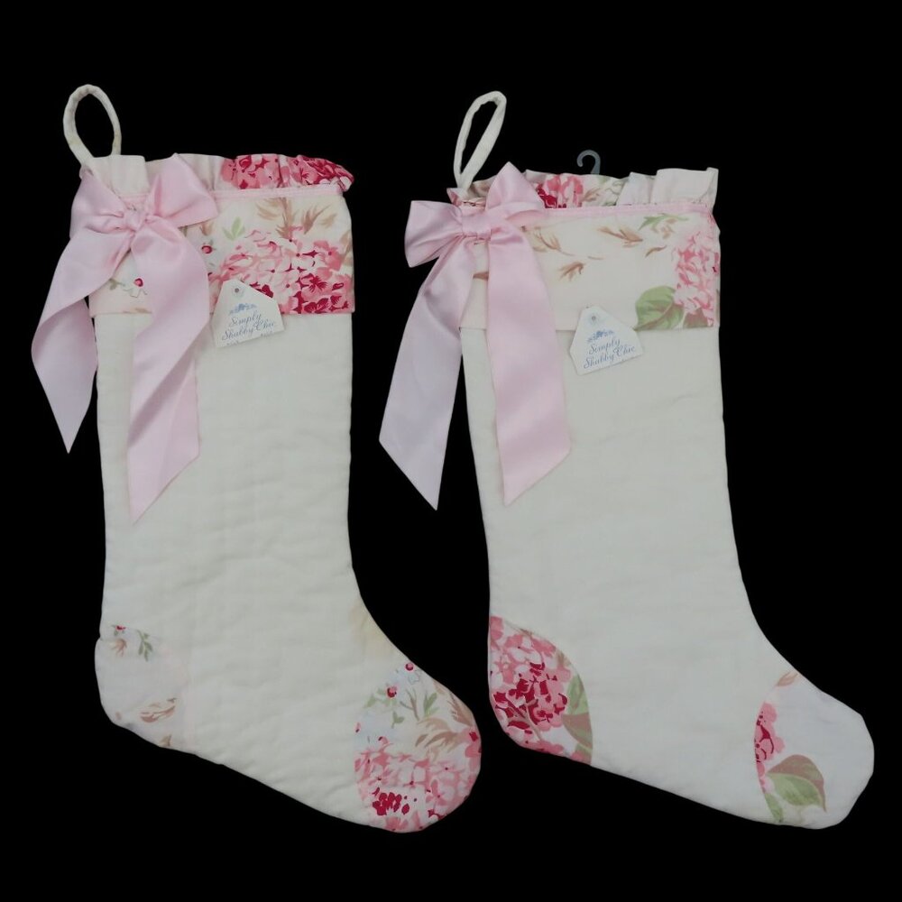 Simply Shabby Chic Pair of 2 Pink Floral Ruffle Christmas Stockings Holiday Xmas